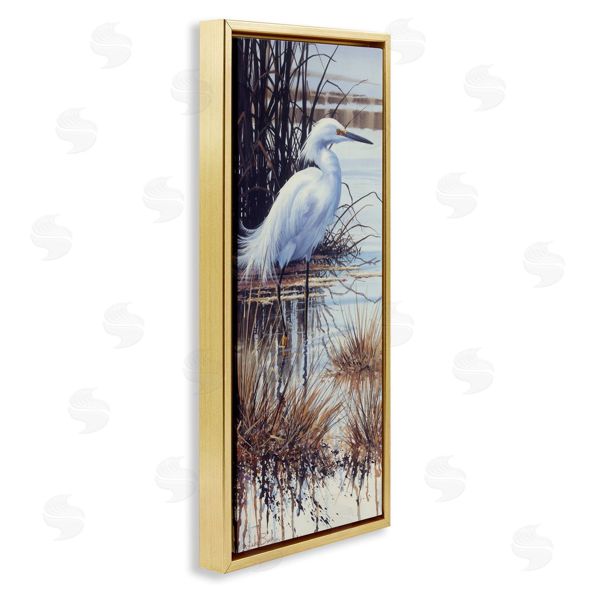 Luke Buck Egret with Modern Splash Gold Floating Frame Canvas Wall Art Print