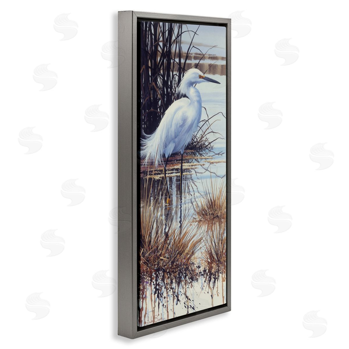 Luke Buck Egret with Modern Splash Gray Floating Frame Canvas Wall Art Print