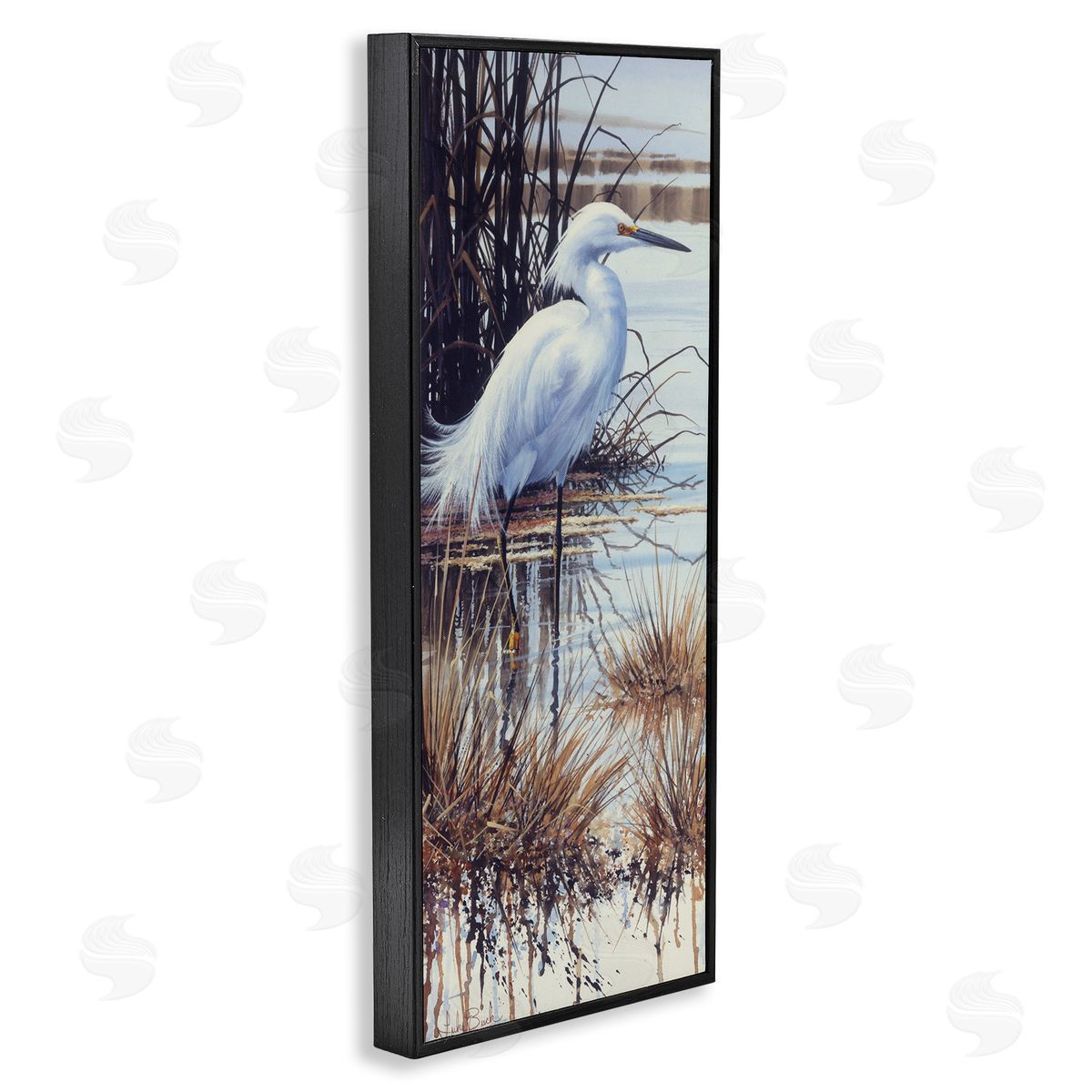 Luke Buck Egret with Modern Splash Black Framed Glicee Wall Art Print