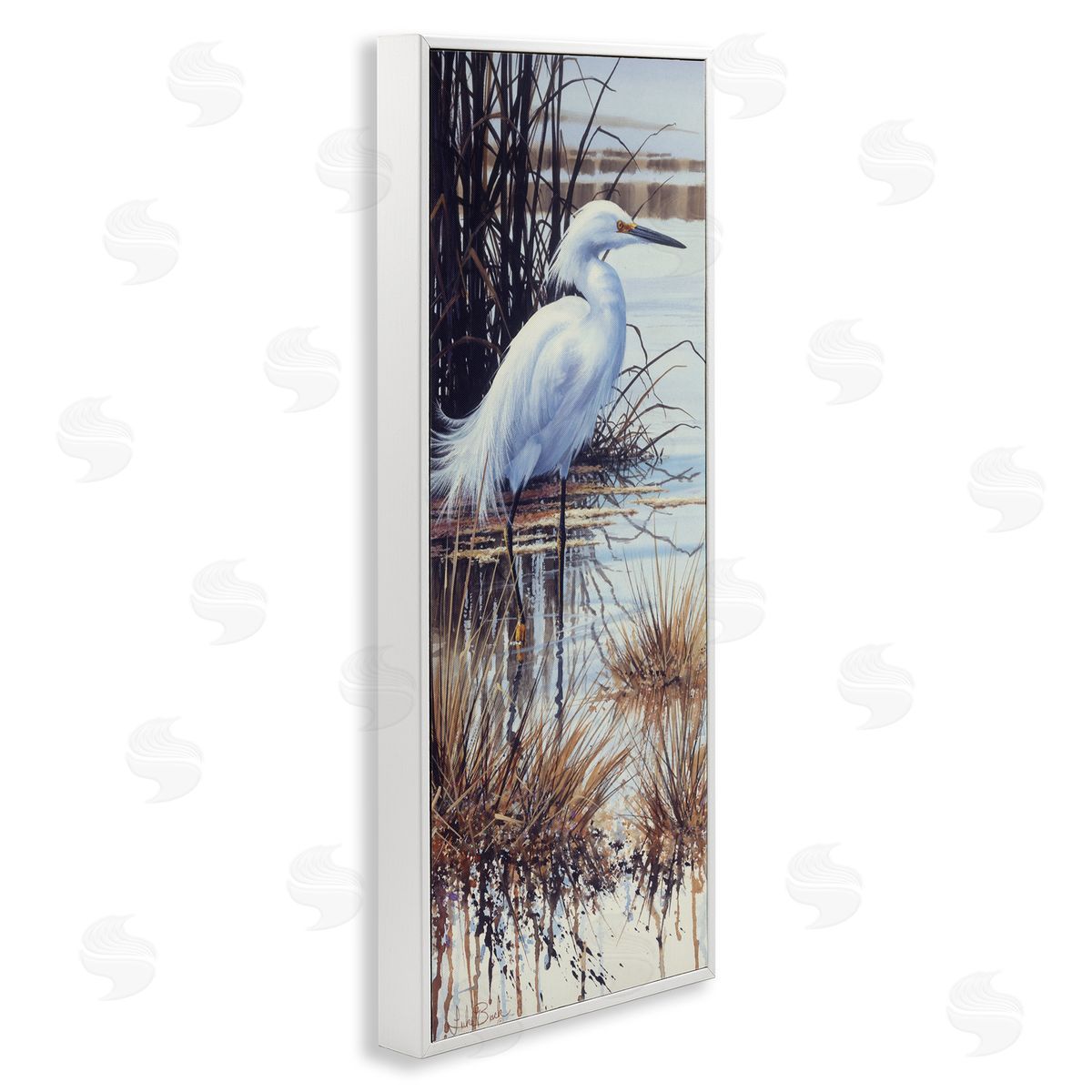 Luke Buck Egret with Modern Splash White Framed Glicee Wall Art Print
