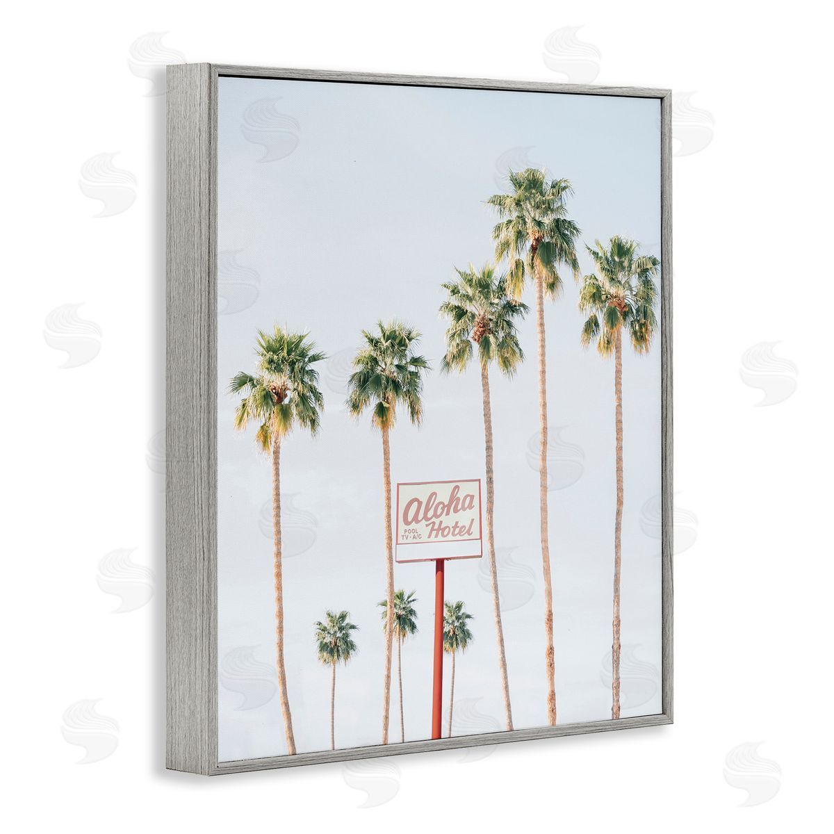 Aloha Hotel with Palm Trees Grey Frame Print Wall Art, Home Decor by Sisi and Seb