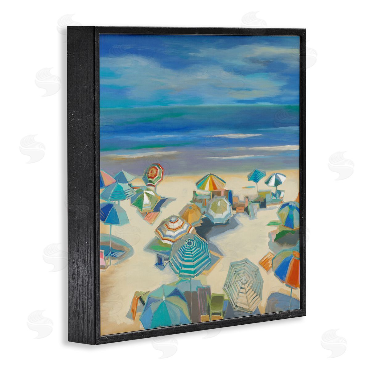 Liz Jardine Beach Umbrellas on Shore Black Framed Glicee Wall Art Print