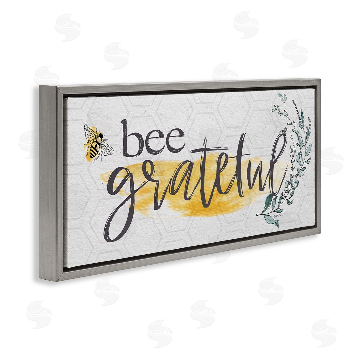 Susie Boyer Bee Grateful Herb Phrase Gray Floating Frame Canvas Wall Art Print