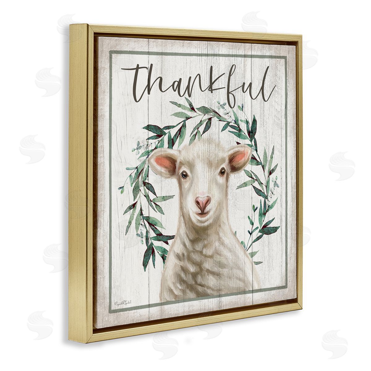 Elizabeth Tyndall Thankful Phrase Sheep Gold Floating Frame Canvas Wall Art Print