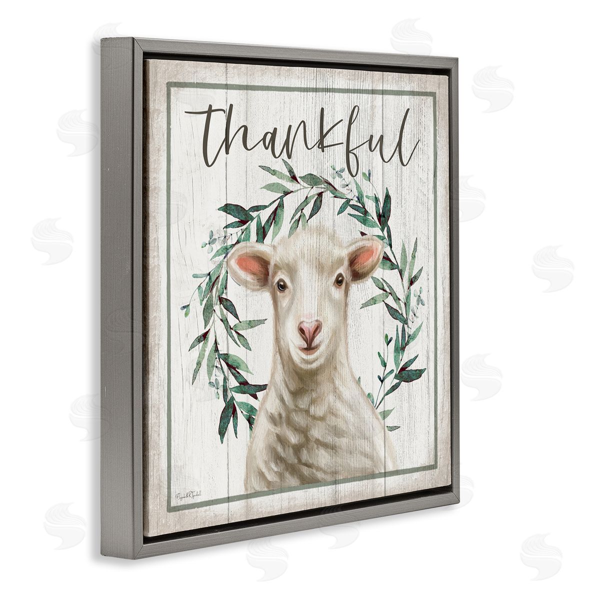 Elizabeth Tyndall Thankful Phrase Sheep Gray Floating Frame Canvas Wall Art Print