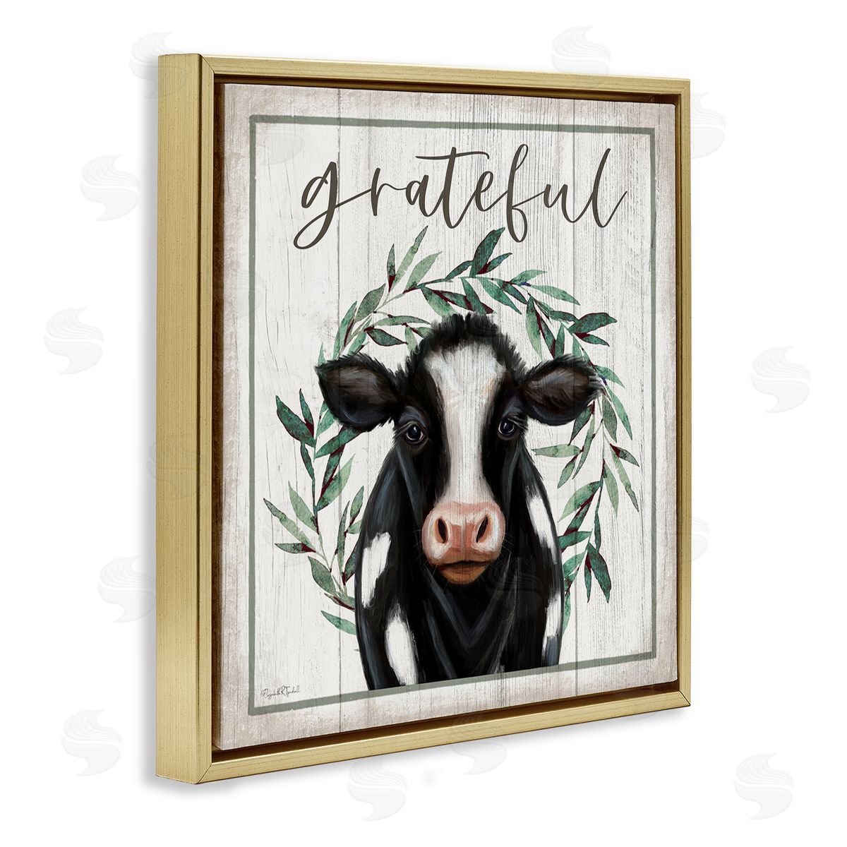 Elizabeth Tyndall Grateful Phrase Cow Gold Floating Frame Canvas Wall Art Print