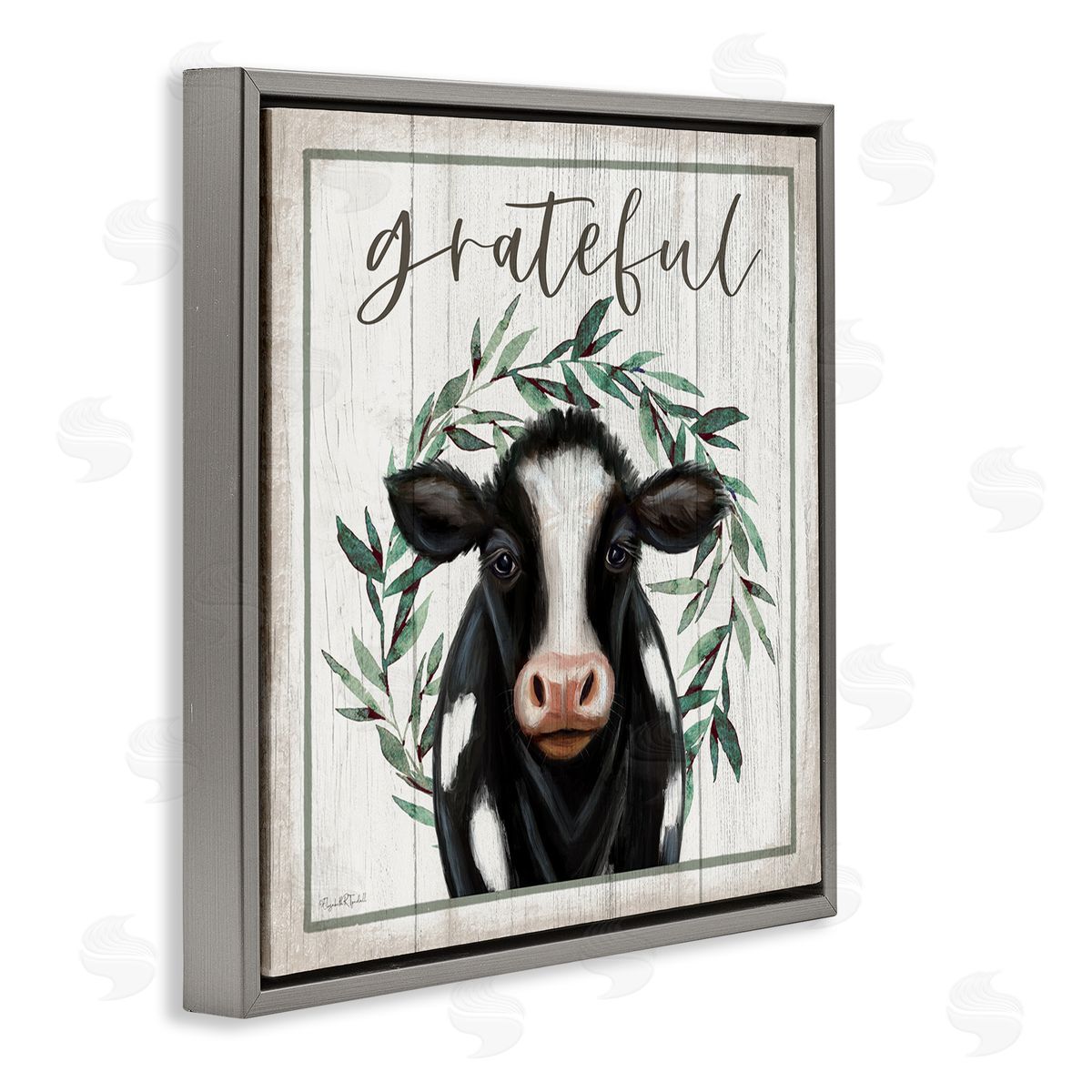 Elizabeth Tyndall Grateful Phrase Cow Gray Floating Frame Canvas Wall Art Print