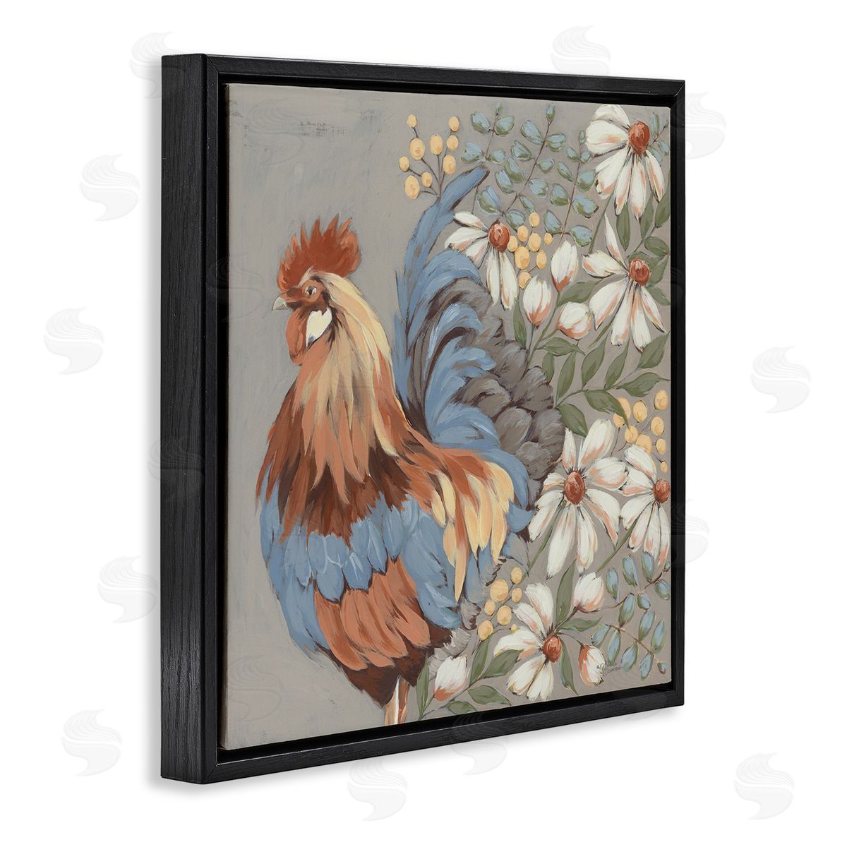 Michele Norman Country Hen & Daisies Black Floating Frame Canvas Wall Art Print