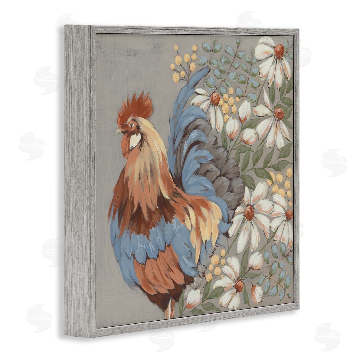 Michele Norman Country Hen & Daisies Gray Framed Glicee Wall Art Print