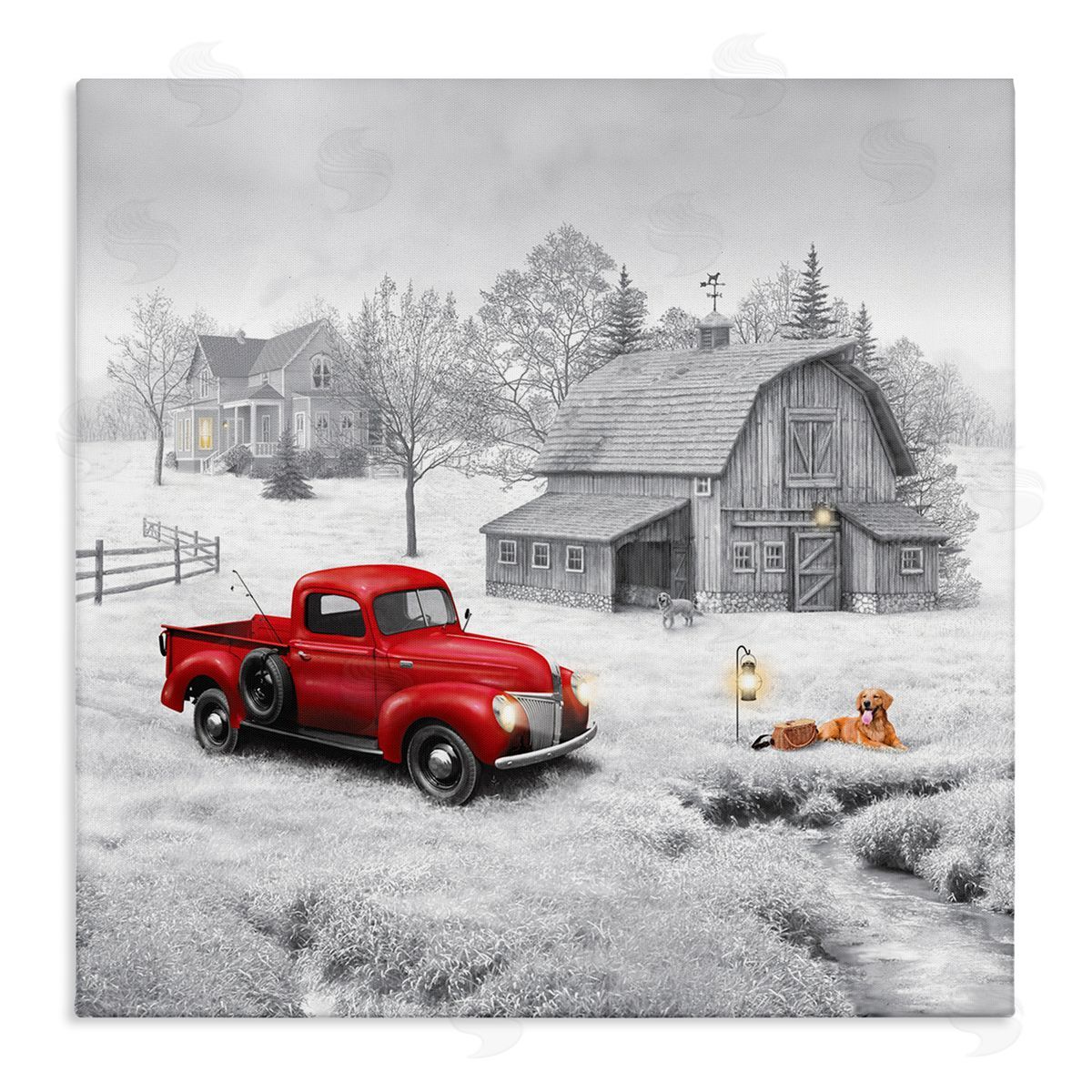 Michael Shelton Red Truck at Barn Stretched Canvas Wall Art Print