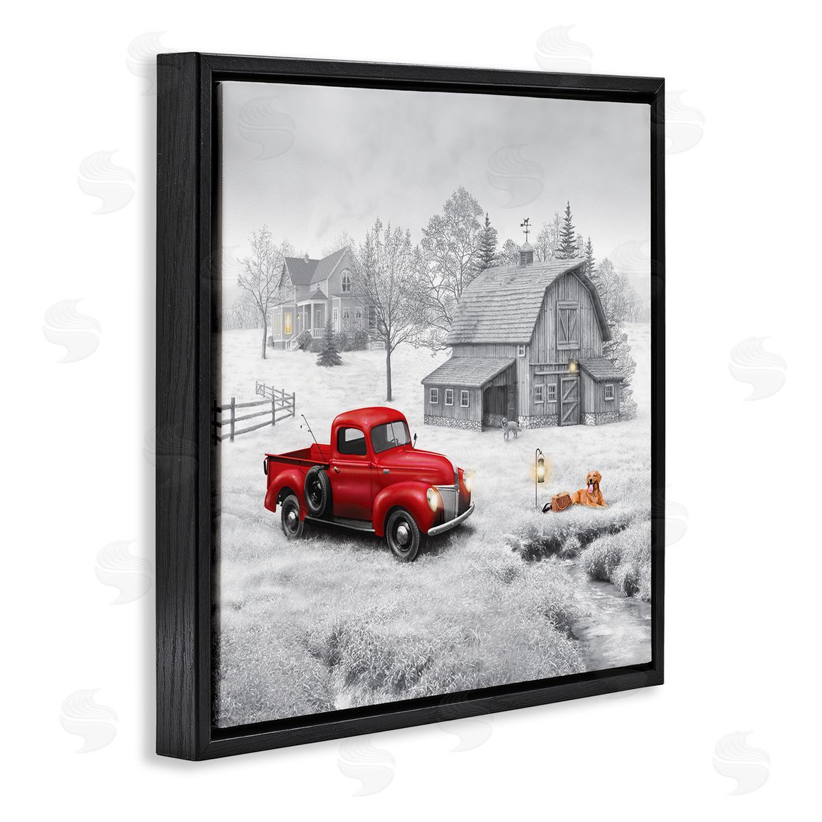 Michael Shelton Red Truck at Barn Black Floating Frame Canvas Wall Art Print