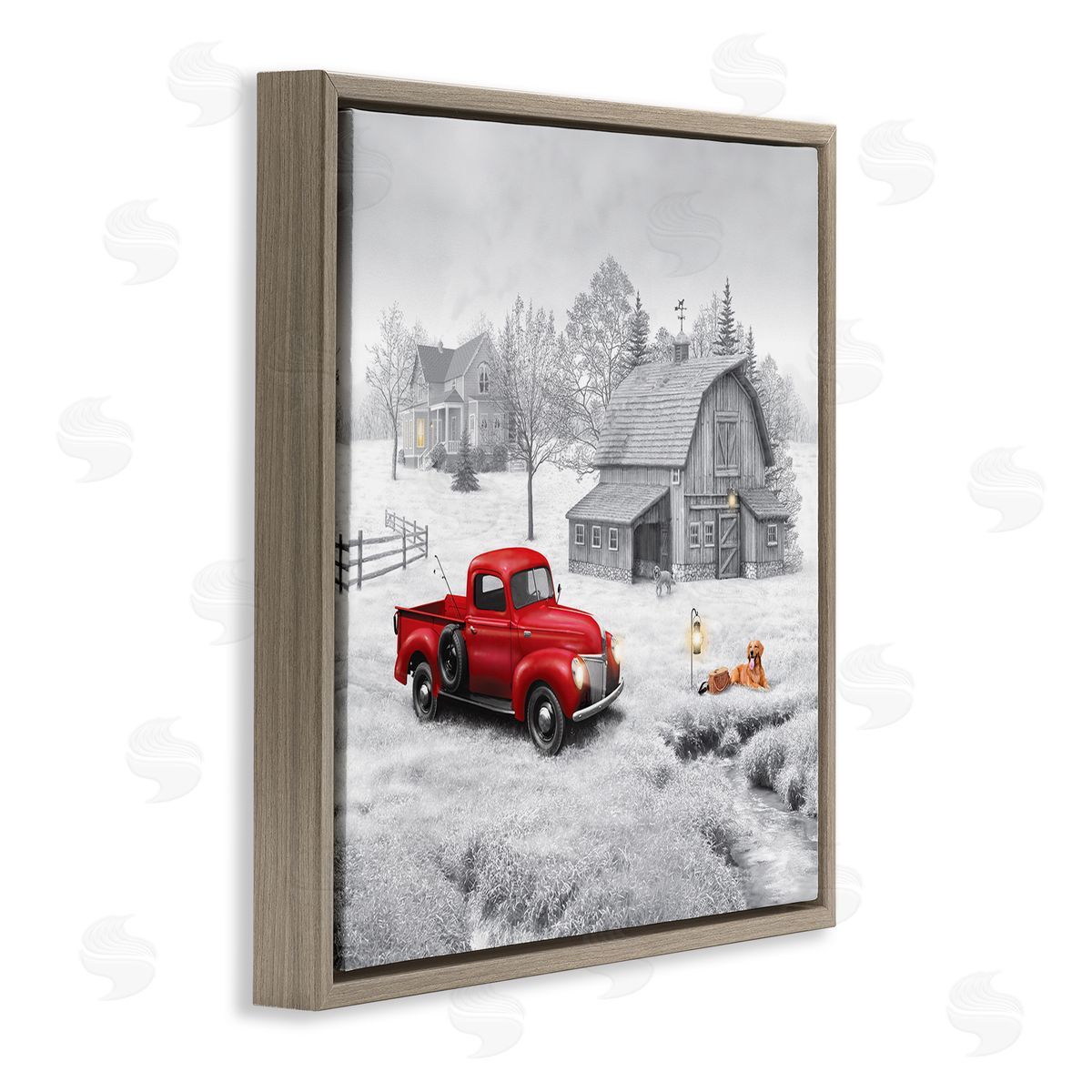 Michael Shelton Red Truck at Barn Brown Floating Frame Canvas Wall Art Print