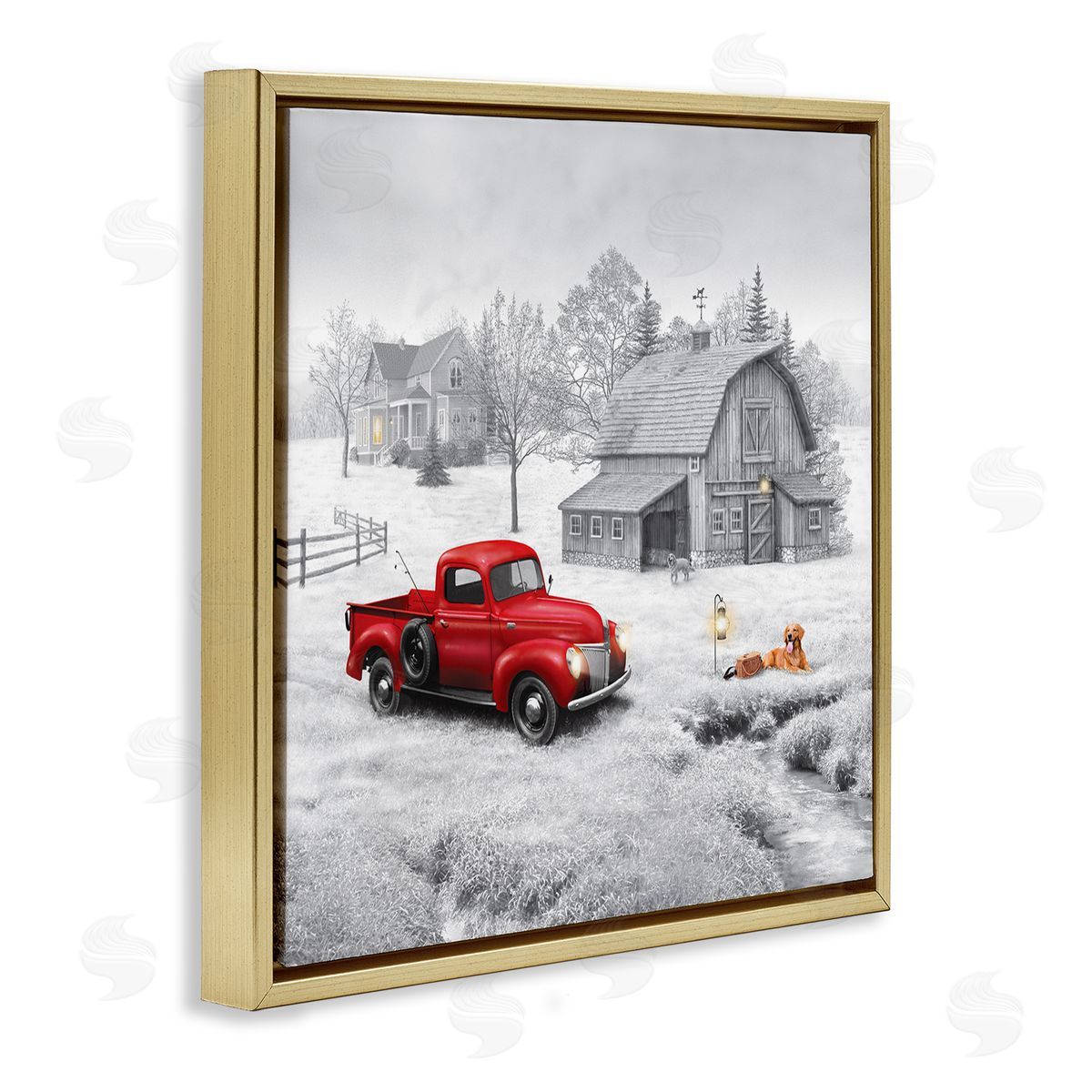 Michael Shelton Red Truck at Barn Gold Floating Frame Canvas Wall Art Print