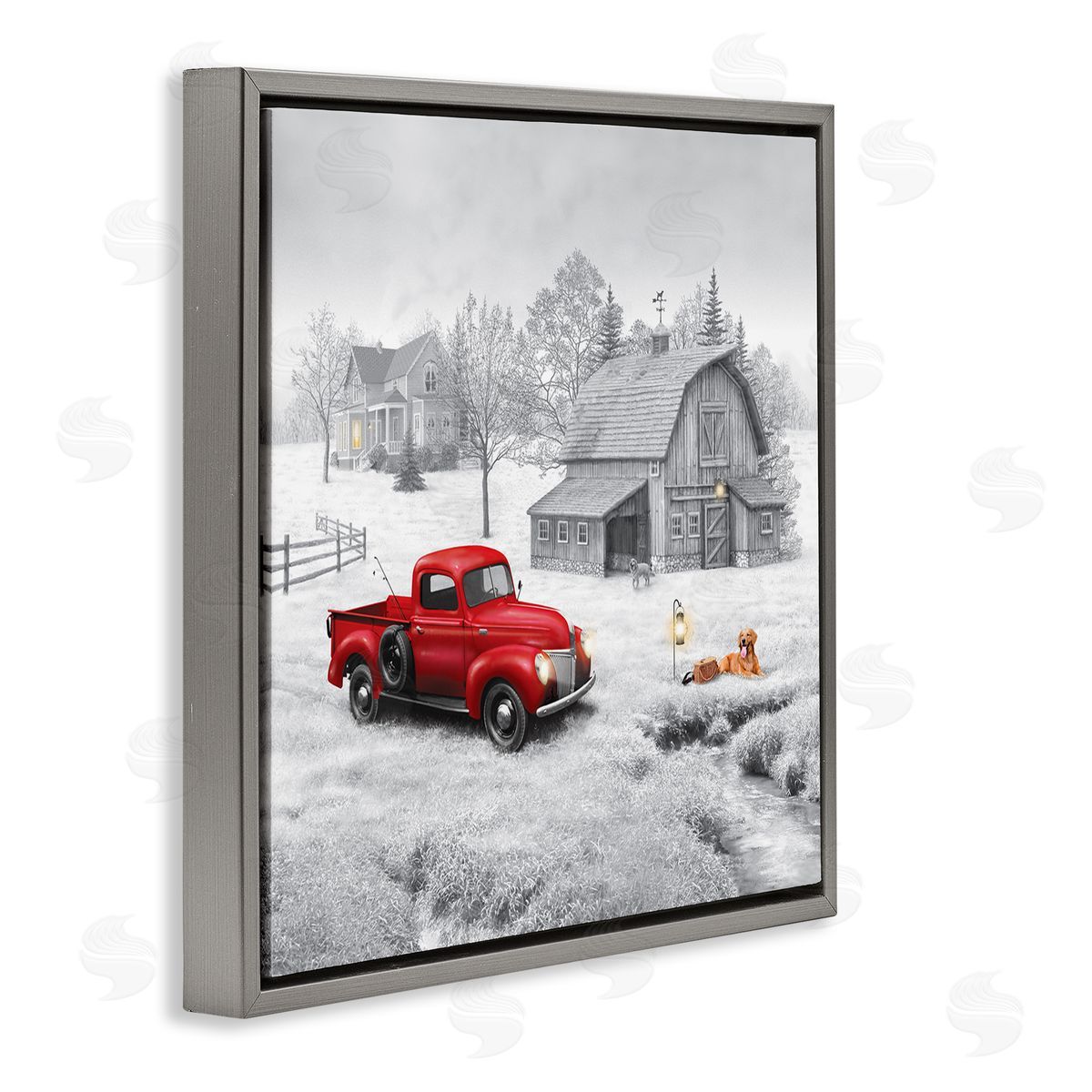 Michael Shelton Red Truck at Barn Gray Floating Frame Canvas Wall Art Print