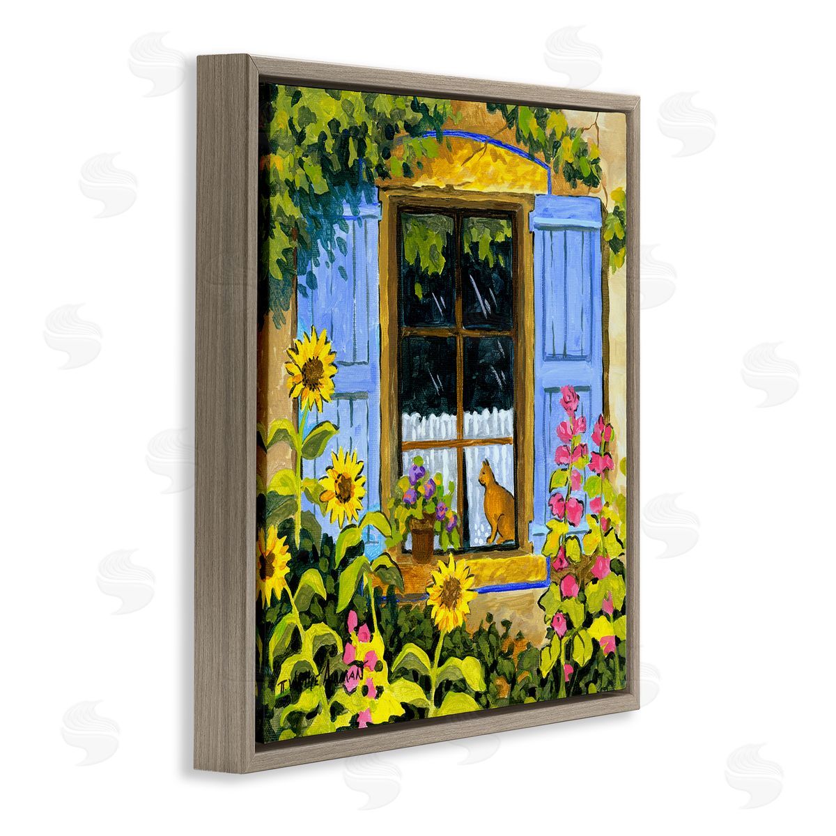 Robin Altman Cat in Garden Window Brown Floating Frame Canvas Wall Art Print