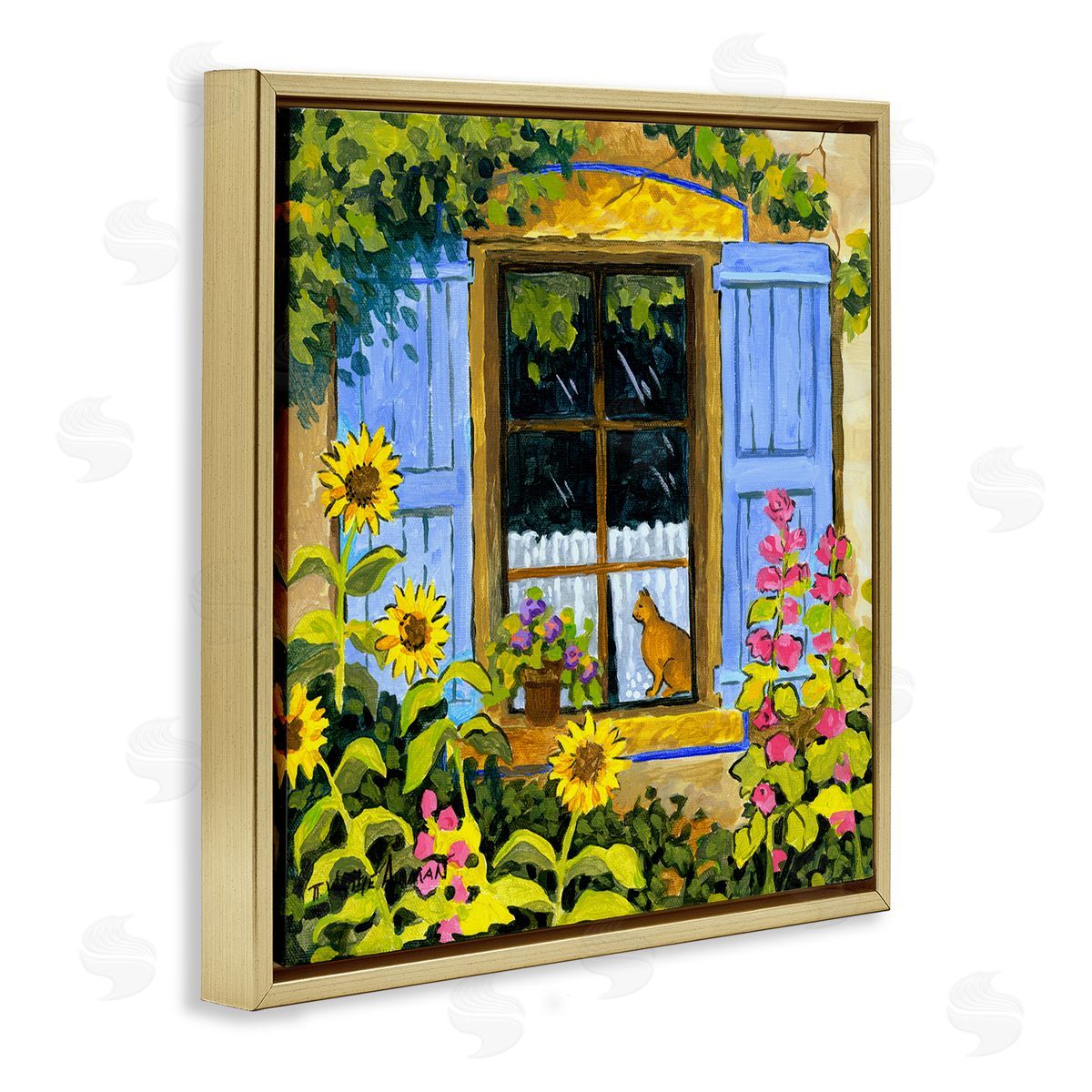 Robin Altman Cat in Garden Window Gold Floating Frame Canvas Wall Art Print