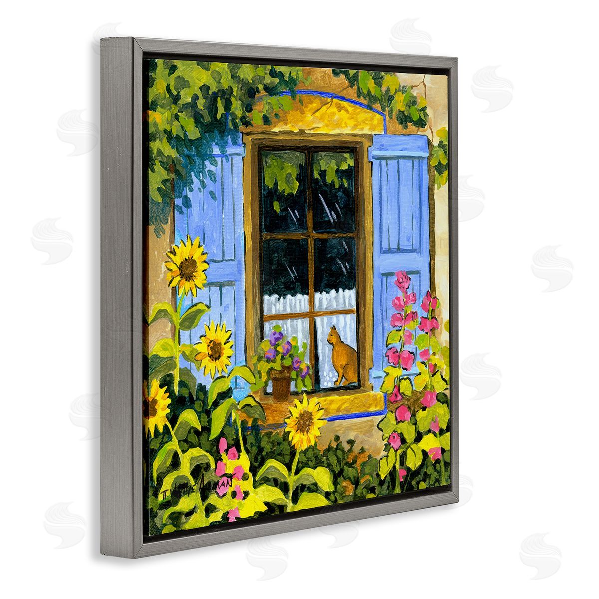 Robin Altman Cat in Garden Window Gray Floating Frame Canvas Wall Art Print