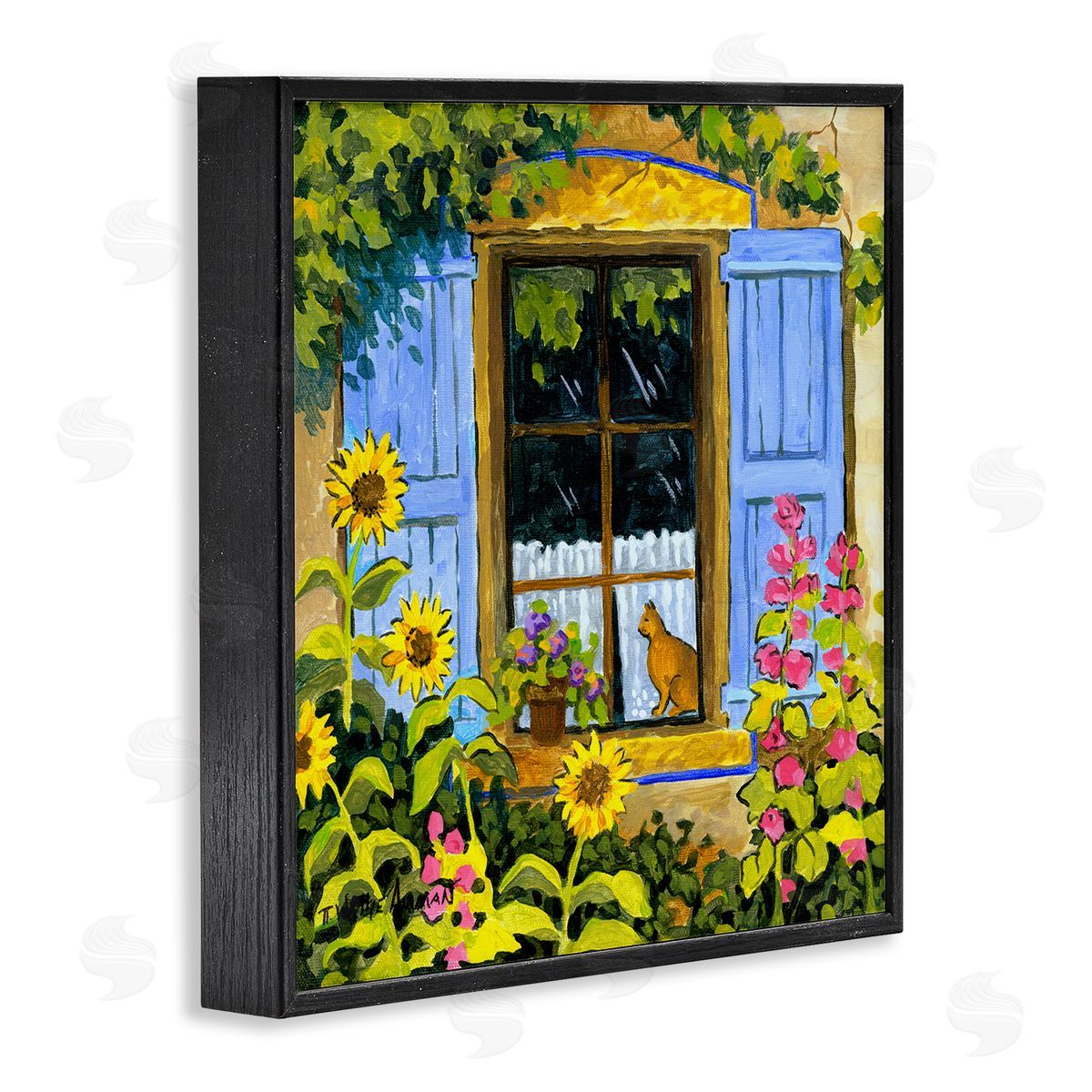 Robin Altman Cat in Garden Window Black Framed Glicee Wall Art Print