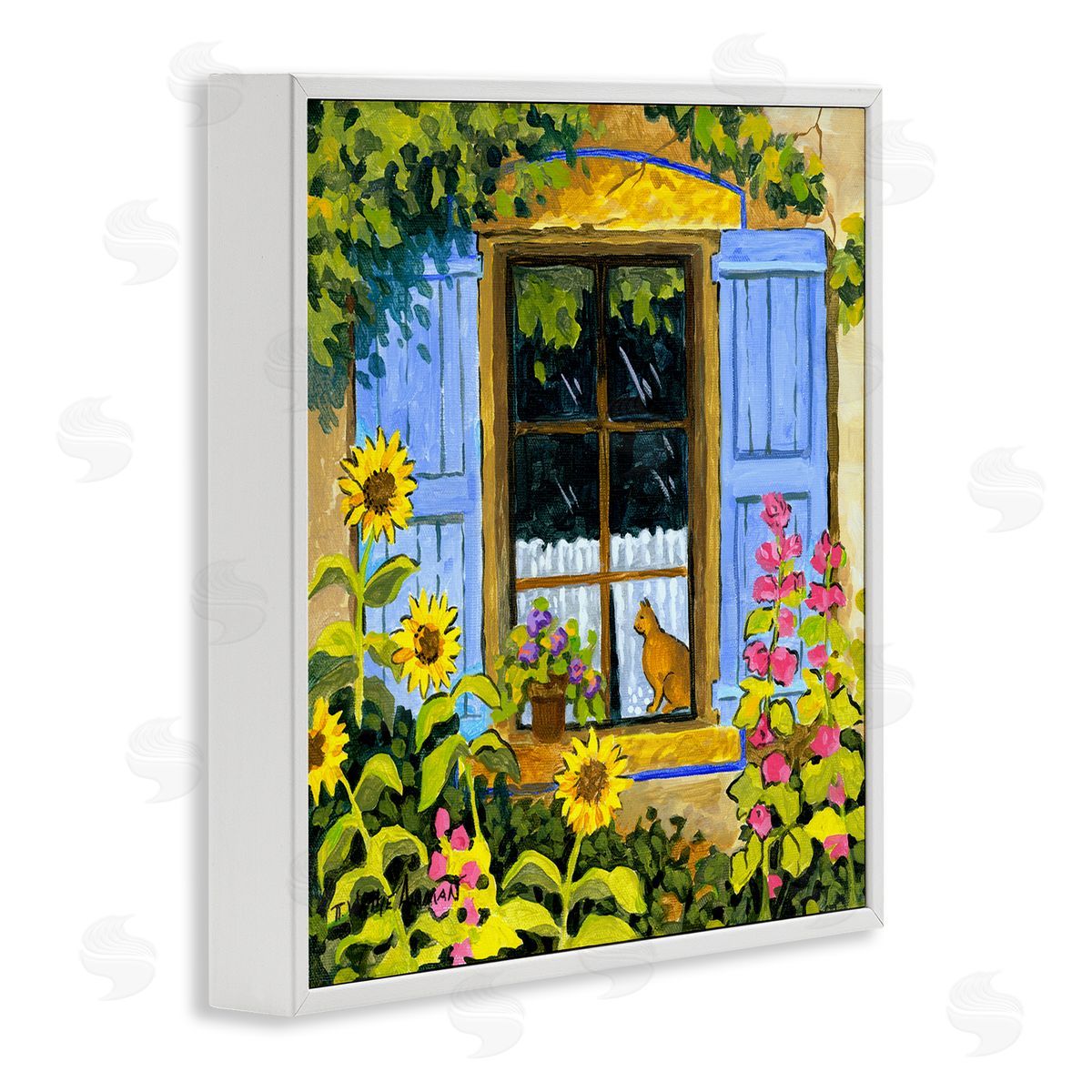 Robin Altman Cat in Garden Window White Framed Glicee Wall Art Print