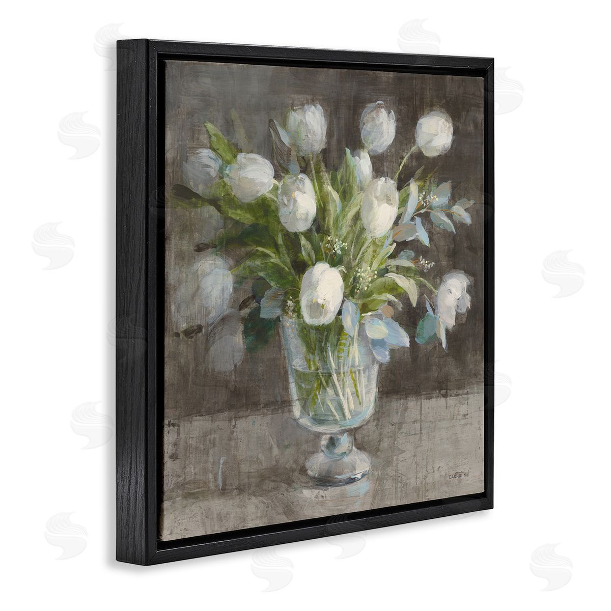 Danhui Nai Rustic White Tulip Vase Black Floating Frame Canvas Wall Art Print