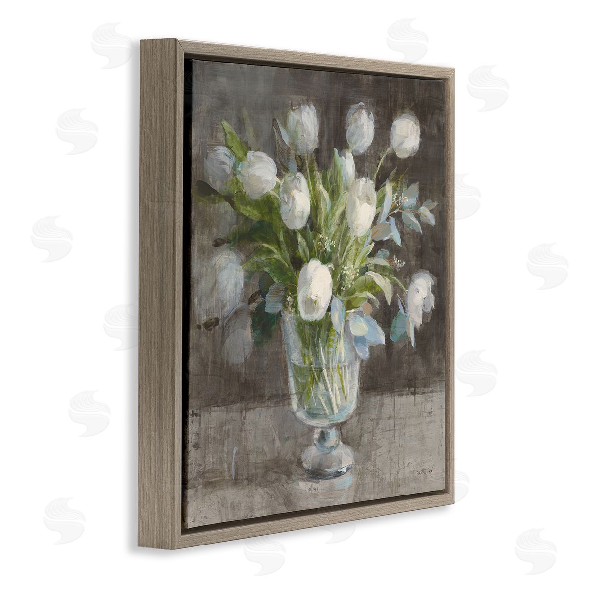 Danhui Nai Rustic White Tulip Vase Brown Floating Frame Canvas Wall Art Print