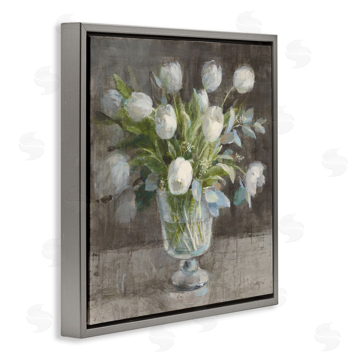 Danhui Nai Rustic White Tulip Vase Gray Floating Frame Canvas Wall Art Print