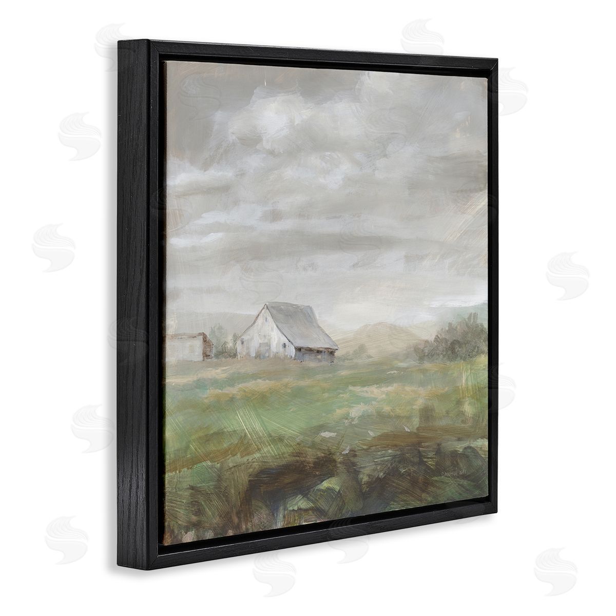 Danhui Nai Grey Farm Landscape Black Floating Frame Canvas Wall Art Print