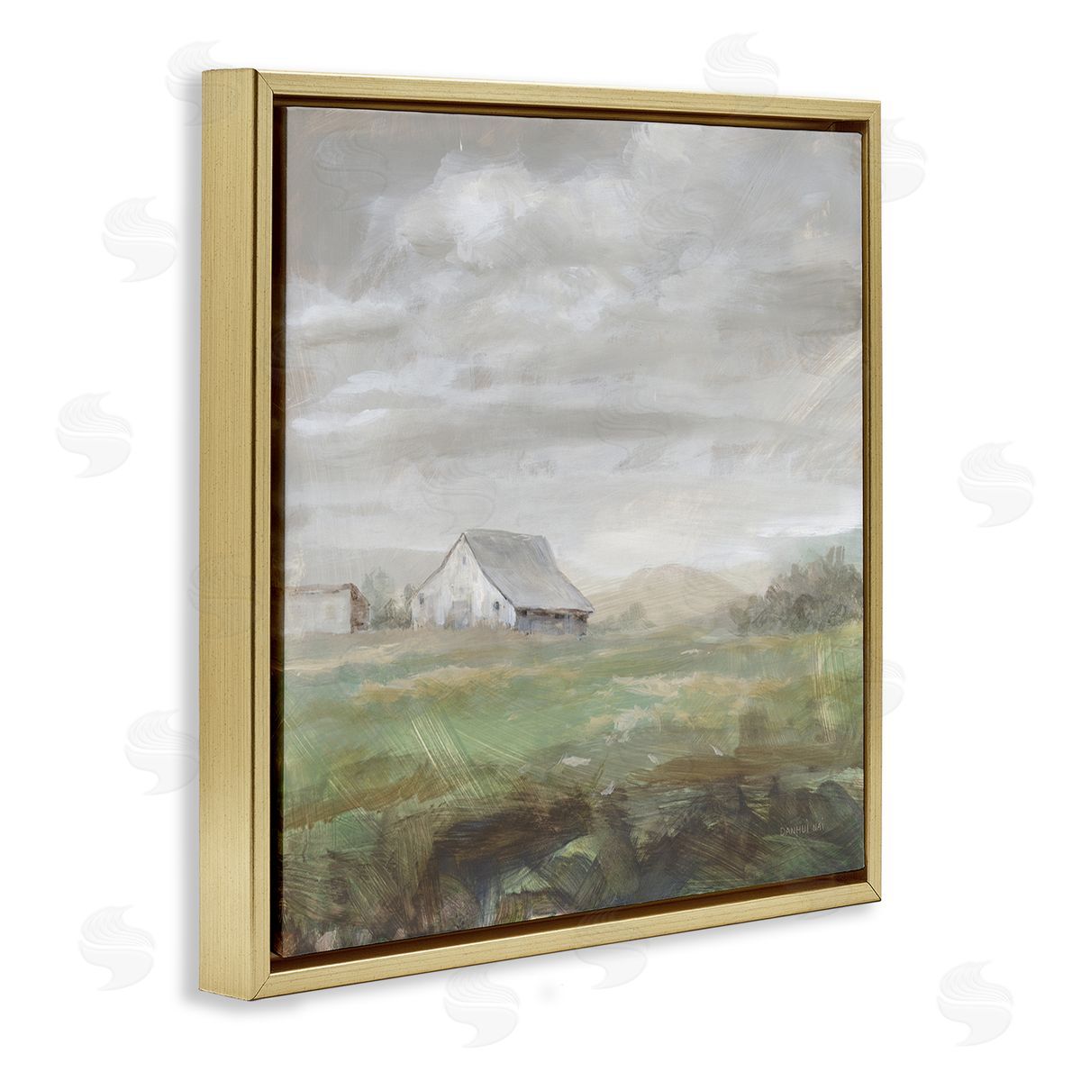 Danhui Nai Grey Farm Landscape Gold Floating Frame Canvas Wall Art Print