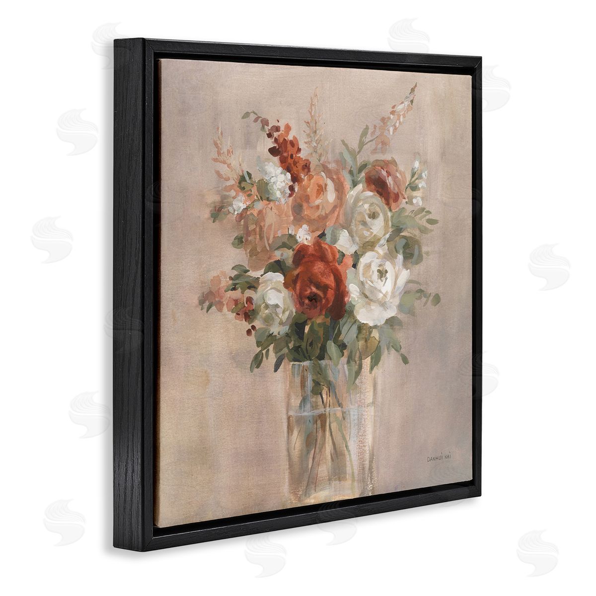 Danhui Nai Red & White Roses Bouquet Black Floating Frame Canvas Wall Art Print