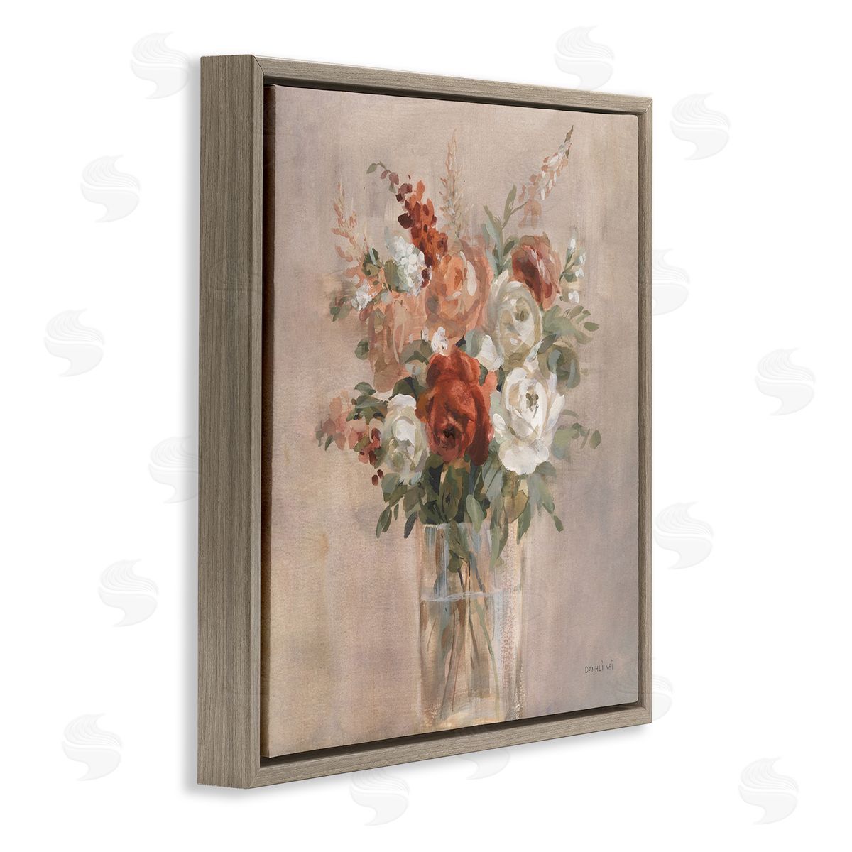 Danhui Nai Red & White Roses Bouquet Brown Floating Frame Canvas Wall Art Print