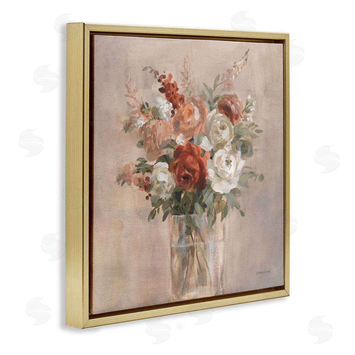Danhui Nai Red & White Roses Bouquet Gold Floating Frame Canvas Wall Art Print