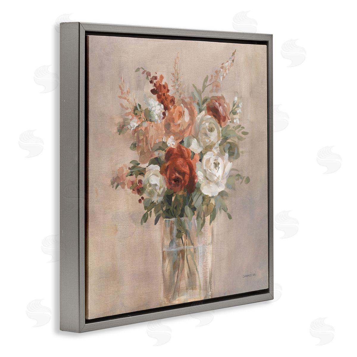 Danhui Nai Red & White Roses Bouquet Gray Floating Frame Canvas Wall Art Print