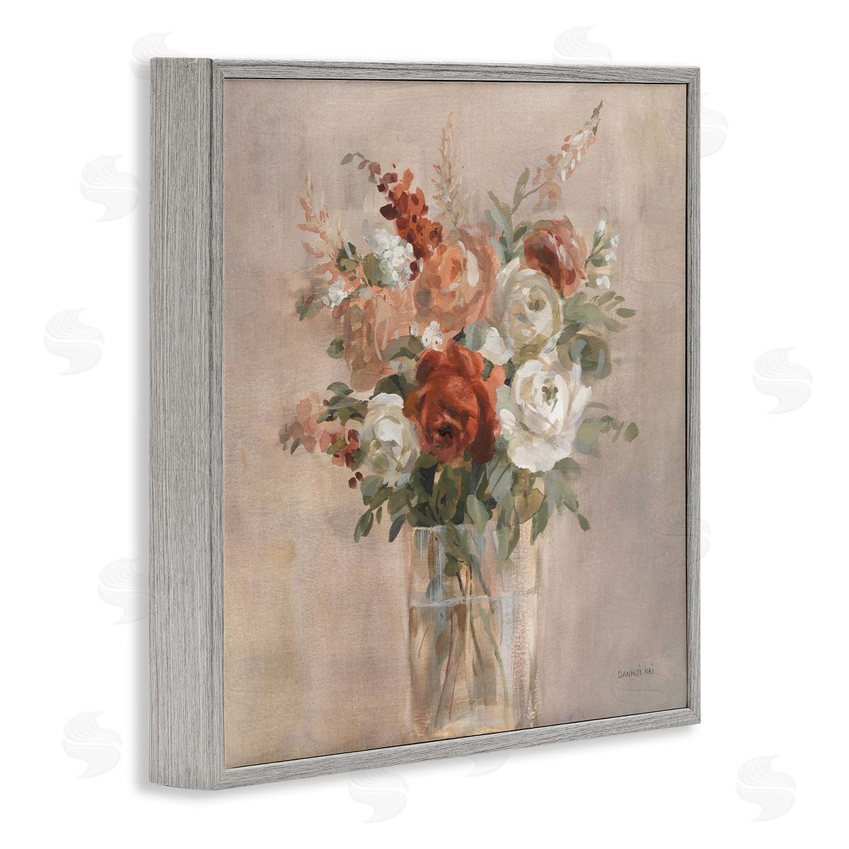 Danhui Nai Red & White Roses Bouquet Gray Framed Glicee Wall Art Print