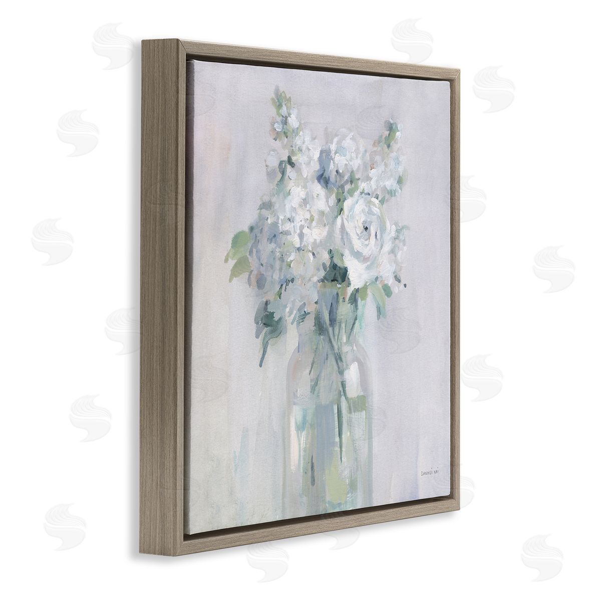 White Abstract Bouquet Brown Floating Frame Canvas Wall Art, Home Decor by Danhui Nai