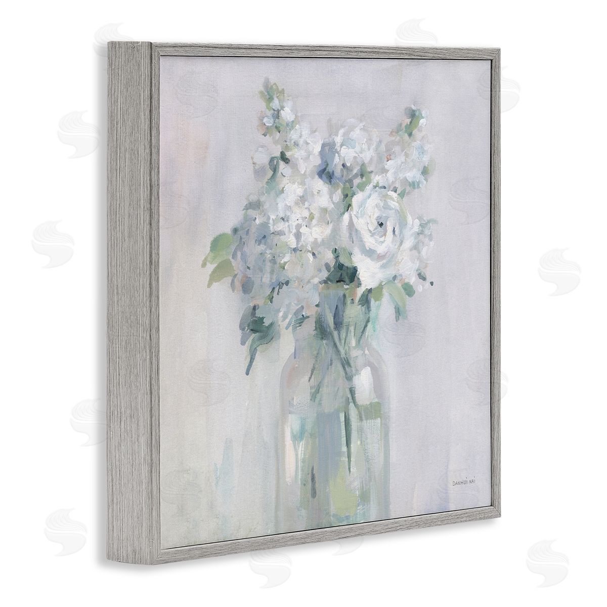 White Abstract Bouquet Grey Frame Print Wall Art, Home Decor by Danhui Nai