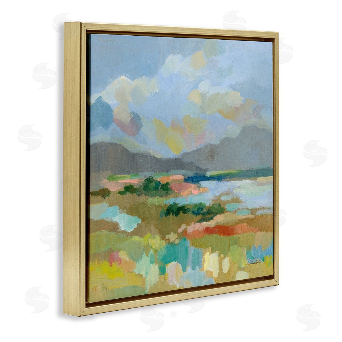 Silvia Vassileva Abstract Meadow Landscape Gold Floating Frame Canvas Wall Art Print