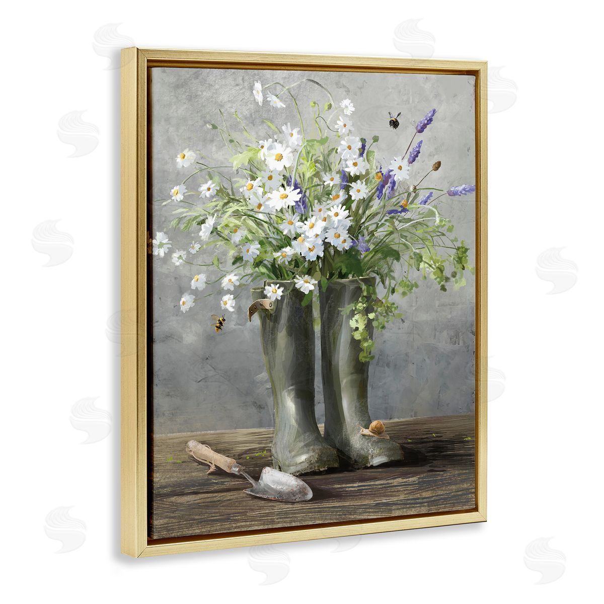 Gardening Boots Bouquet Gold Floating Frame Canvas Wall Art, Home Decor by Danhui Nai