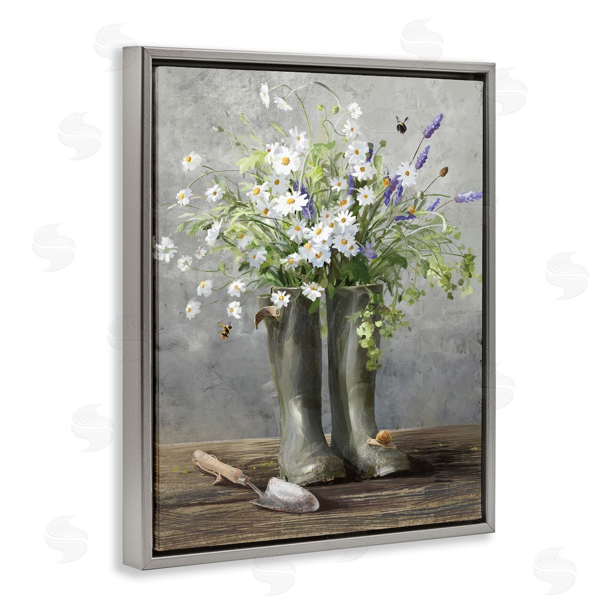 Gardening Boots Bouquet Grey Floating Frame Canvas Wall Art, Home Decor by Danhui Nai