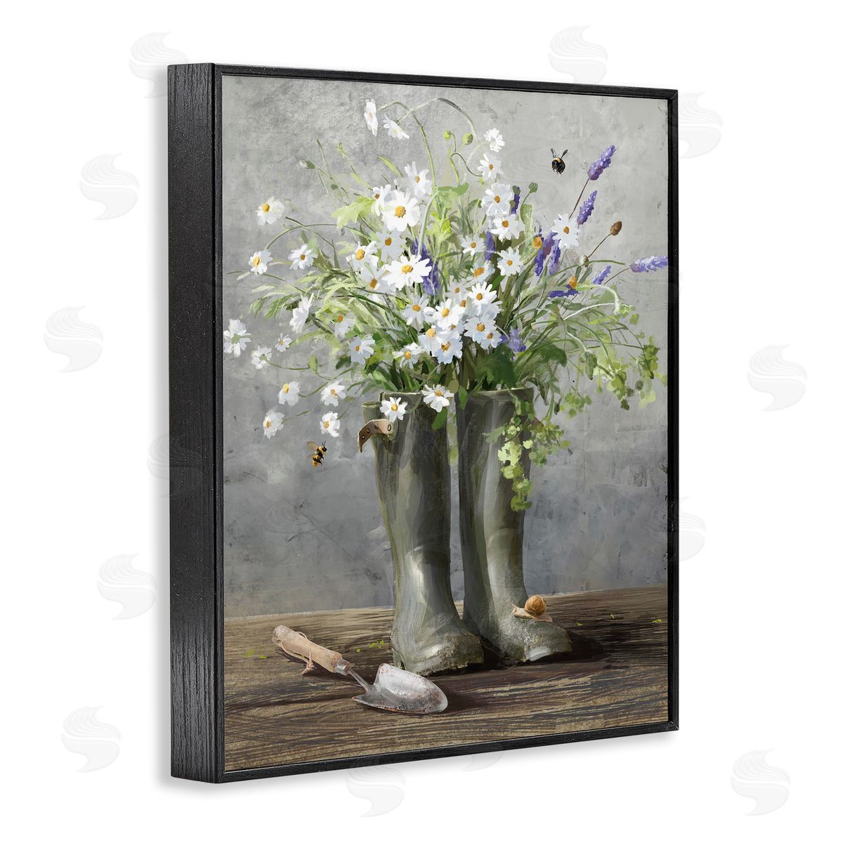Gardening Boots Bouquet Black Frame Print Wall Art, Home Decor by Danhui Nai