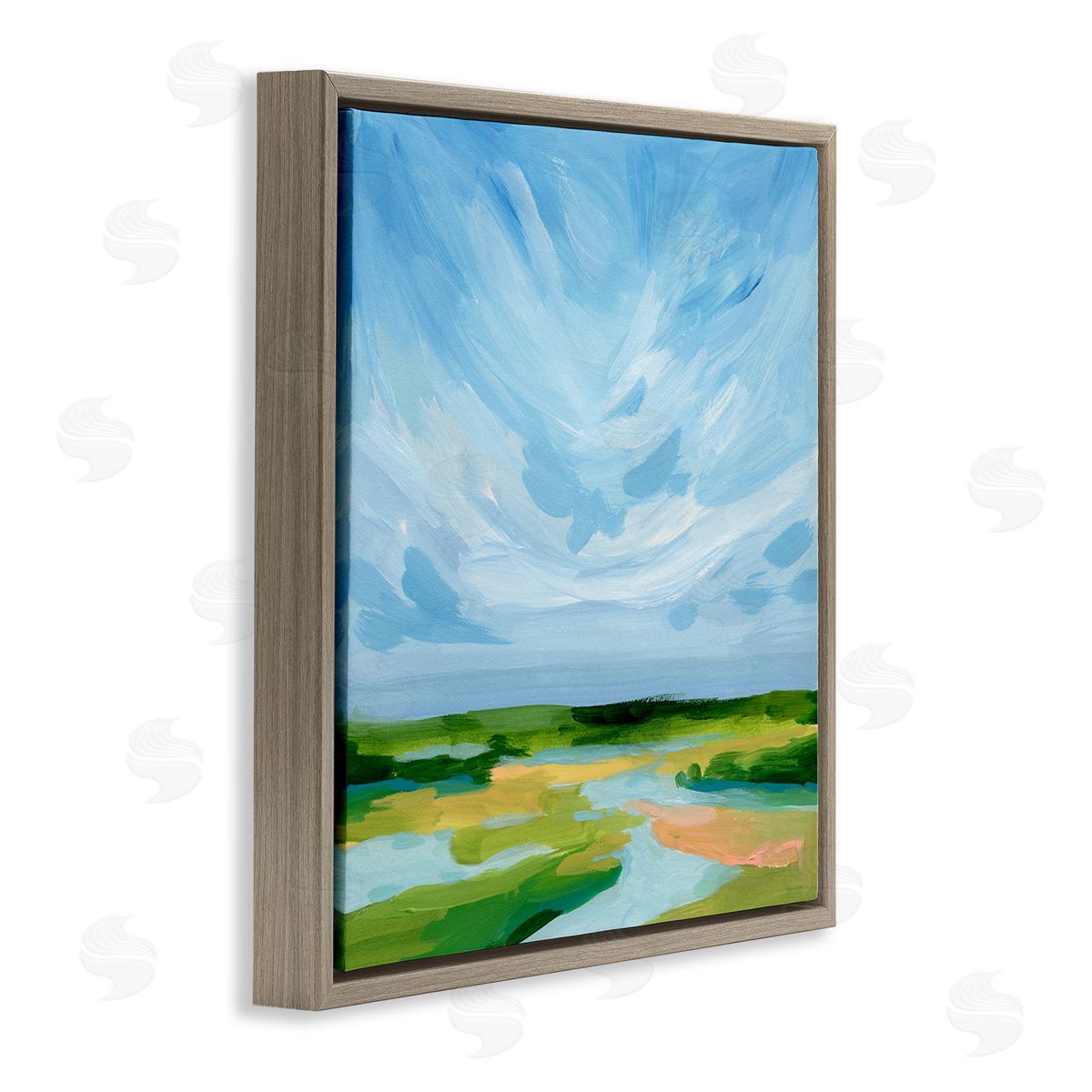 Victoria Barnes Modern Stream Landscape Brown Floating Frame Canvas Wall Art Print