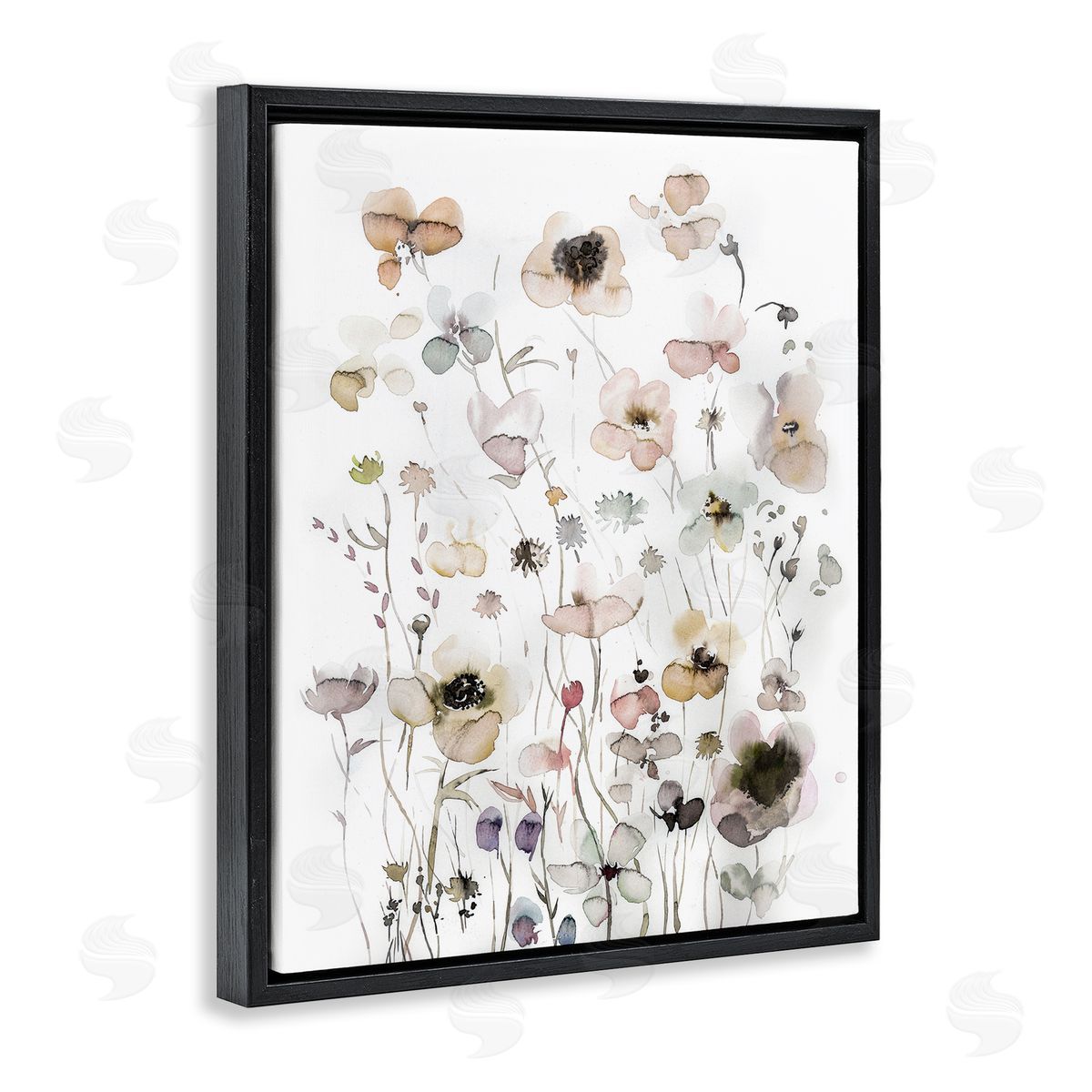 Soft Cottage Florals Pattern Black Floating Frame Canvas Wall Art, Home Decor by Incado