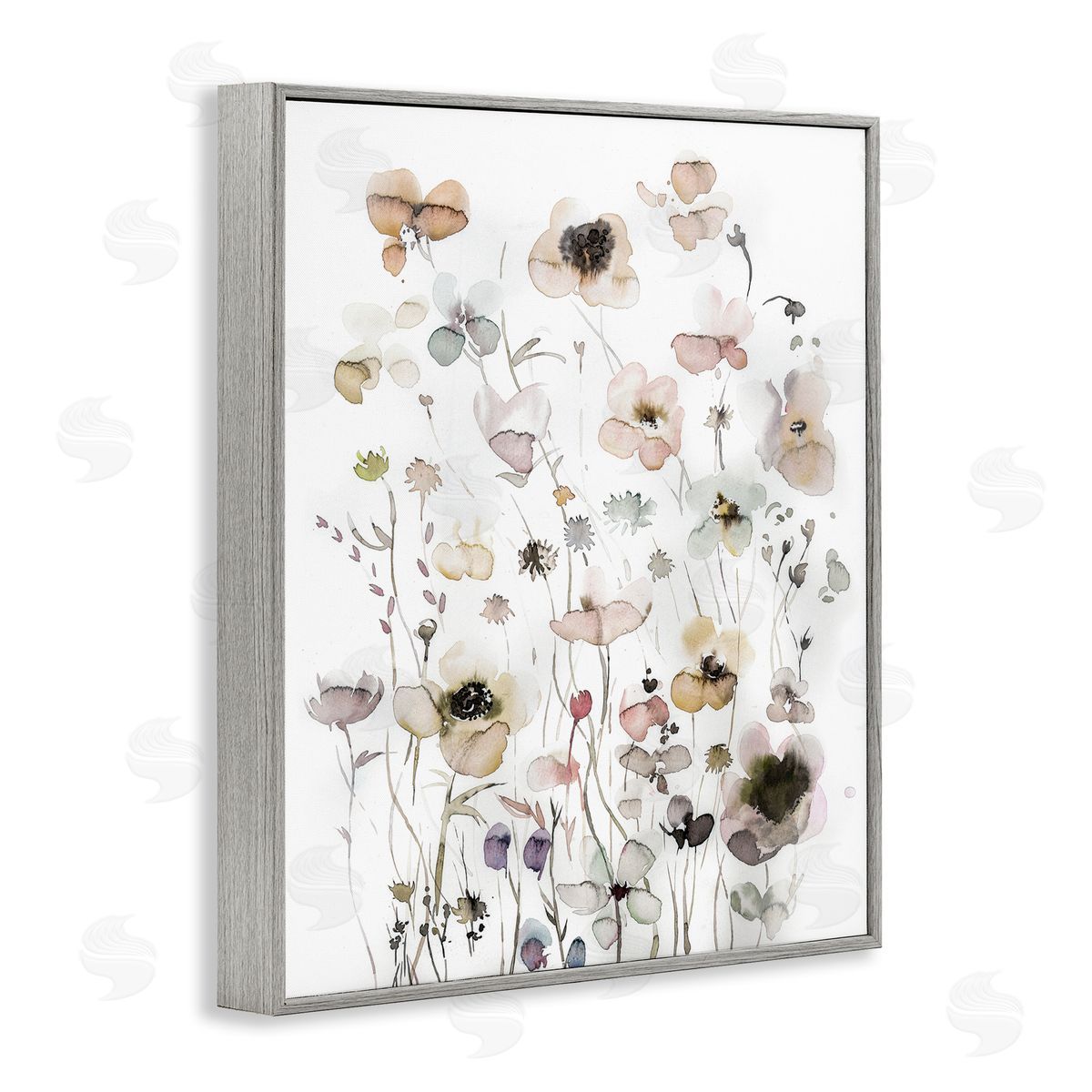 Soft Cottage Florals Pattern Grey Frame Print Wall Art, Home Decor by Incado