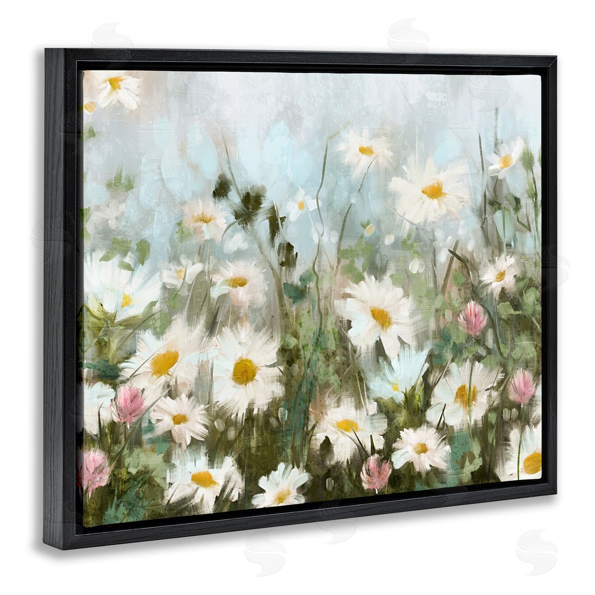 Daisy Field Painting Black Floating Frame Canvas Wall Art, Home Decor by Nina Blue