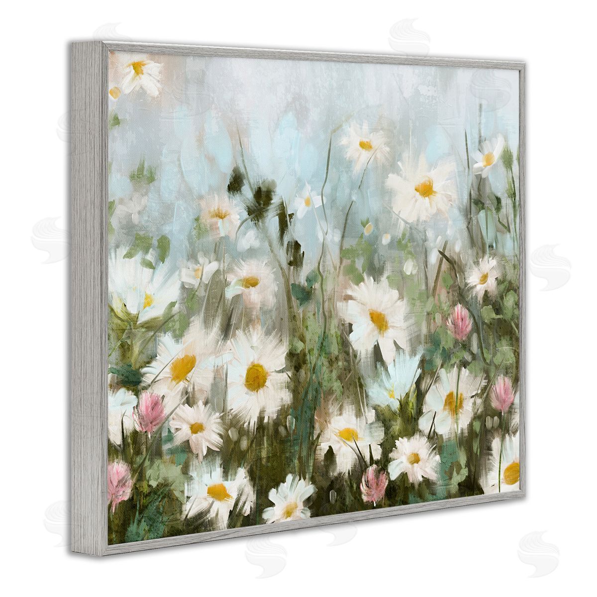 Daisy Field Painting Grey Frame Print Wall Art, Home Decor by Nina Blue