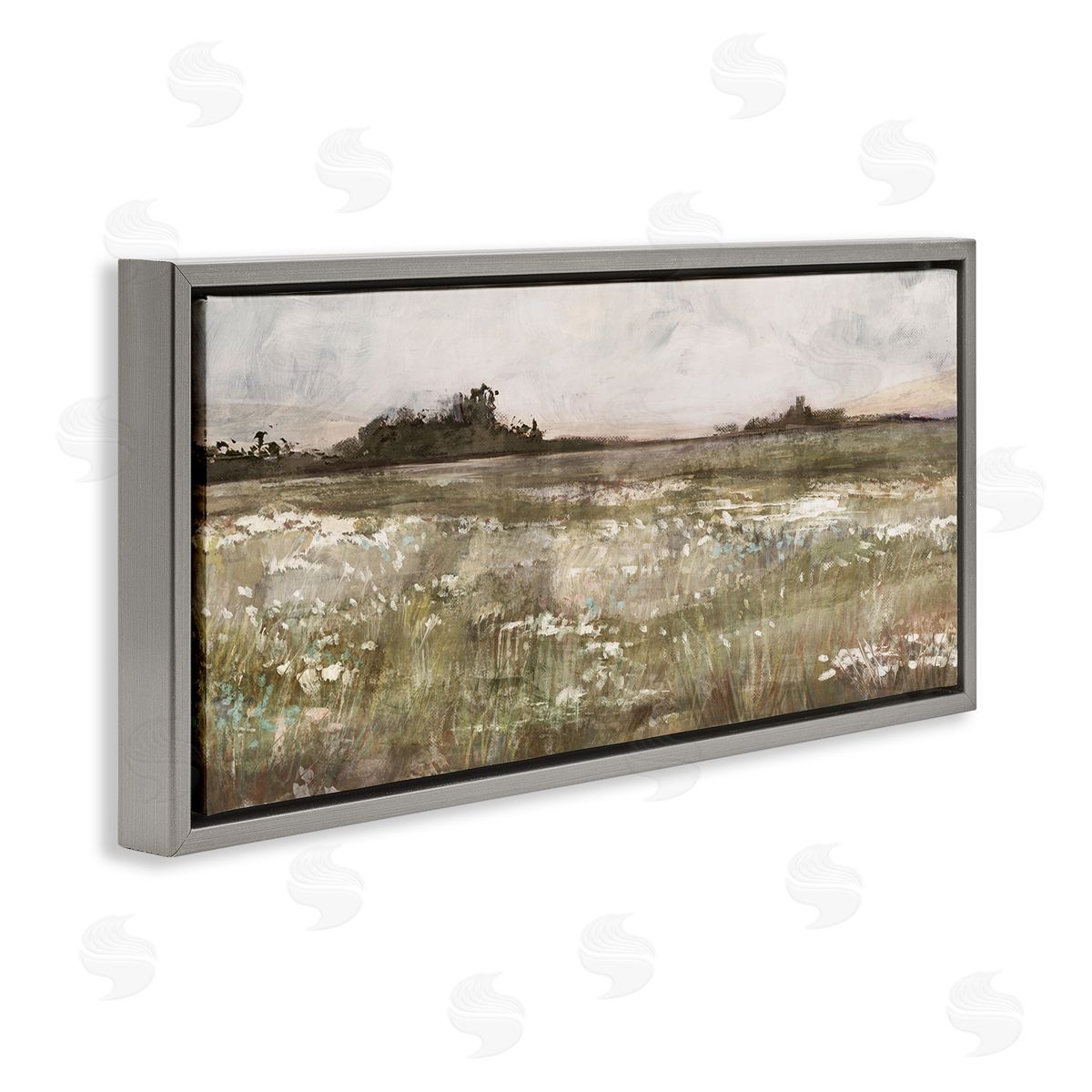 Rural Country Meadow Grey Floating Frame Canvas Wall Art, Home Decor by Nina Blue