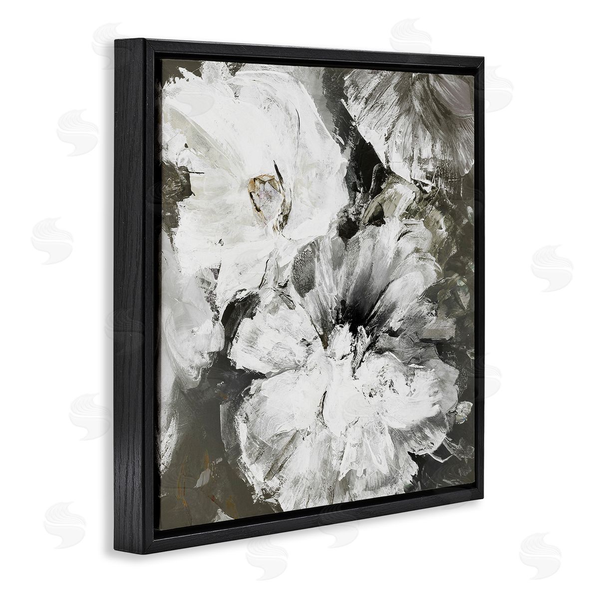 Design Fabrikken Abstract White & Grey Flowers Black Floating Frame Canvas Wall Art Print