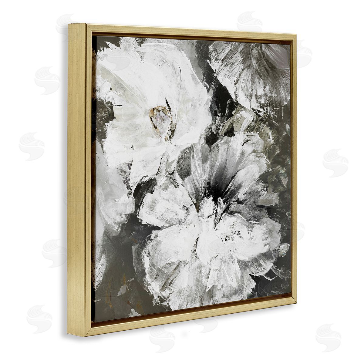 Design Fabrikken Abstract White & Grey Flowers Gold Floating Frame Canvas Wall Art Print