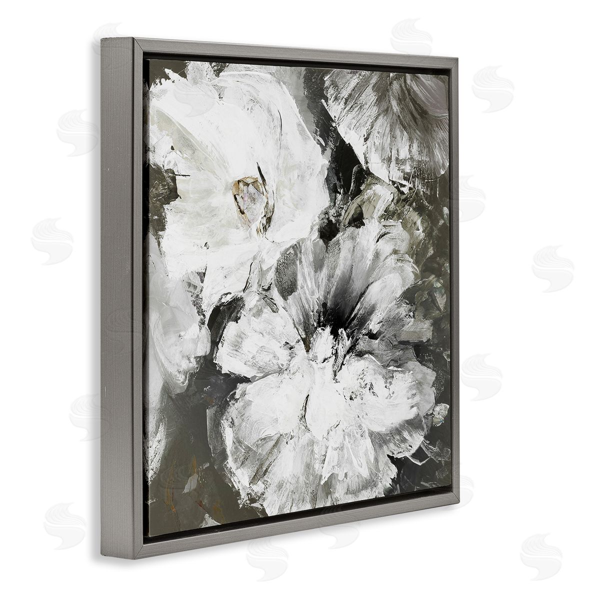 Design Fabrikken Abstract White & Grey Flowers Gray Floating Frame Canvas Wall Art Print