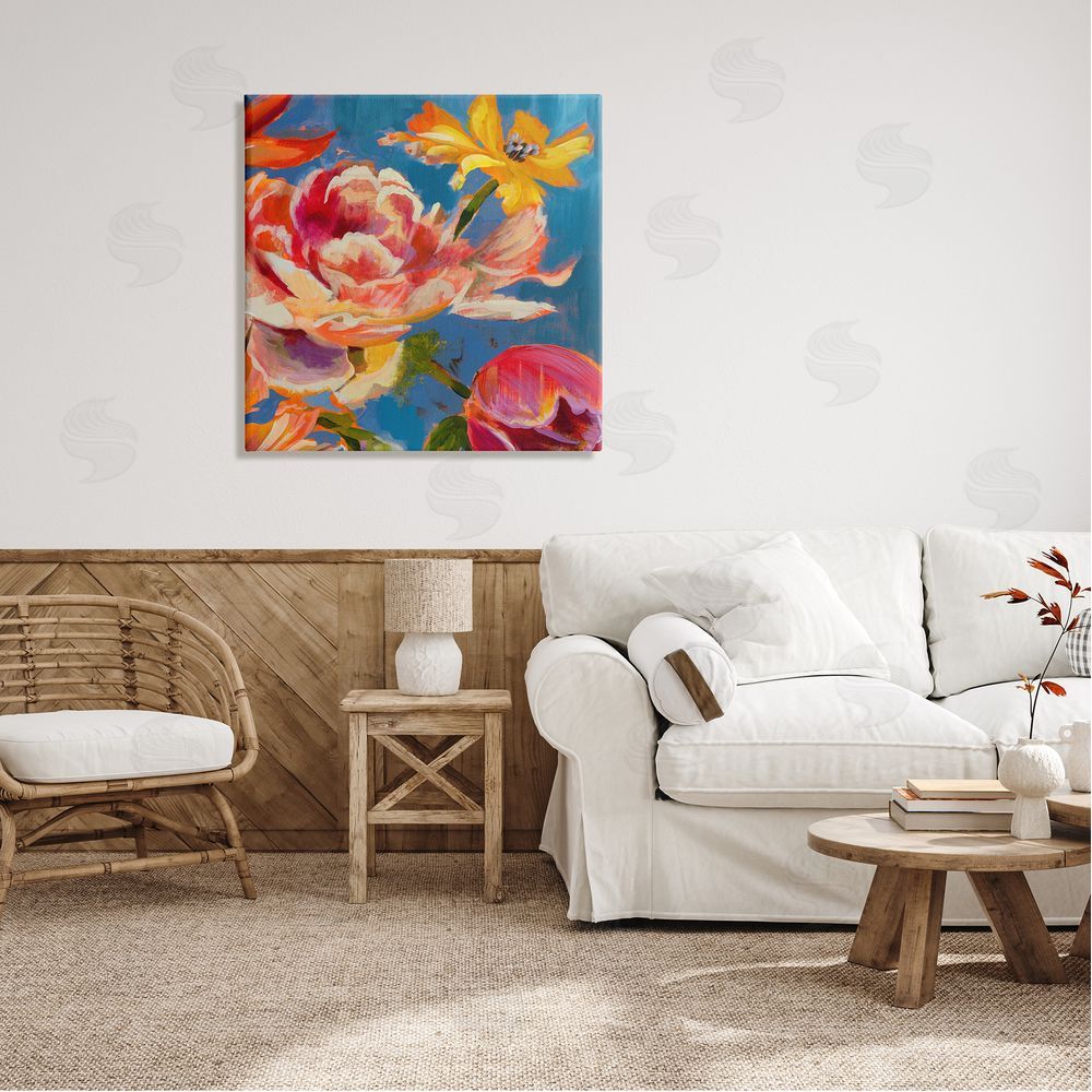 Liz Jardine Vivid Peonies on Blue Canvas Wall Art in Room