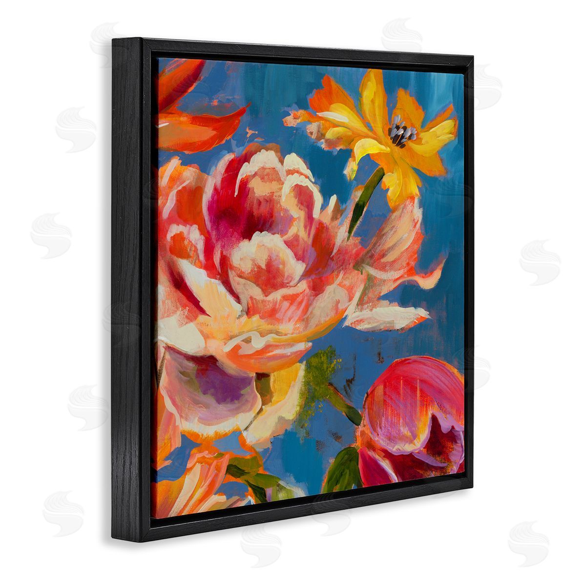 Liz Jardine Vivid Peonies on Blue Black Floating Frame Canvas Wall Art Print